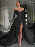 Black Satin Off-the-Shoulder Gown with High Slit & Dramatic Overskirt