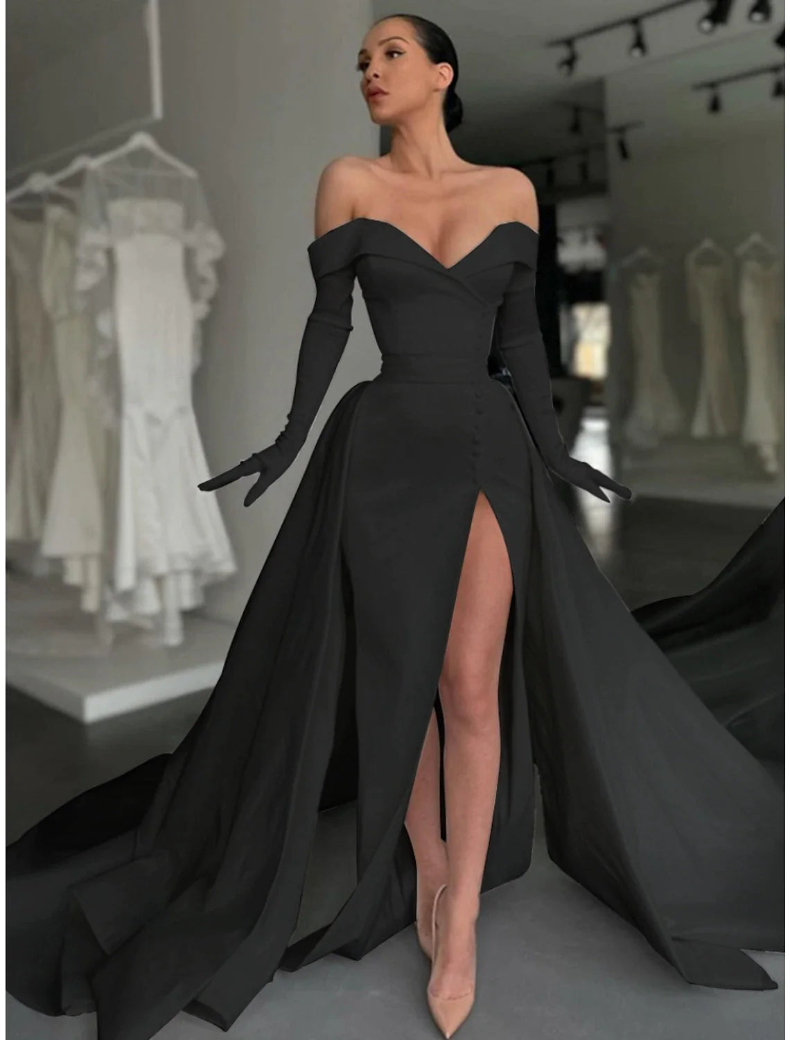 Black Satin Off-the-Shoulder Gown with High Slit & Dramatic Overskirt