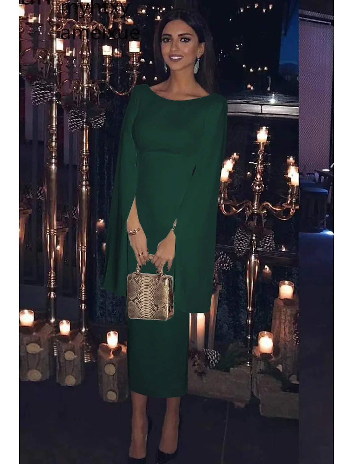 Vestido de cóctel con corte tubo/columna, para fiesta, para invitados de boda, para vacaciones, largo hasta la rodilla, manga larga, cuello joya, para invitados de boda de otoño, jersey sin espalda con elegante color puro.