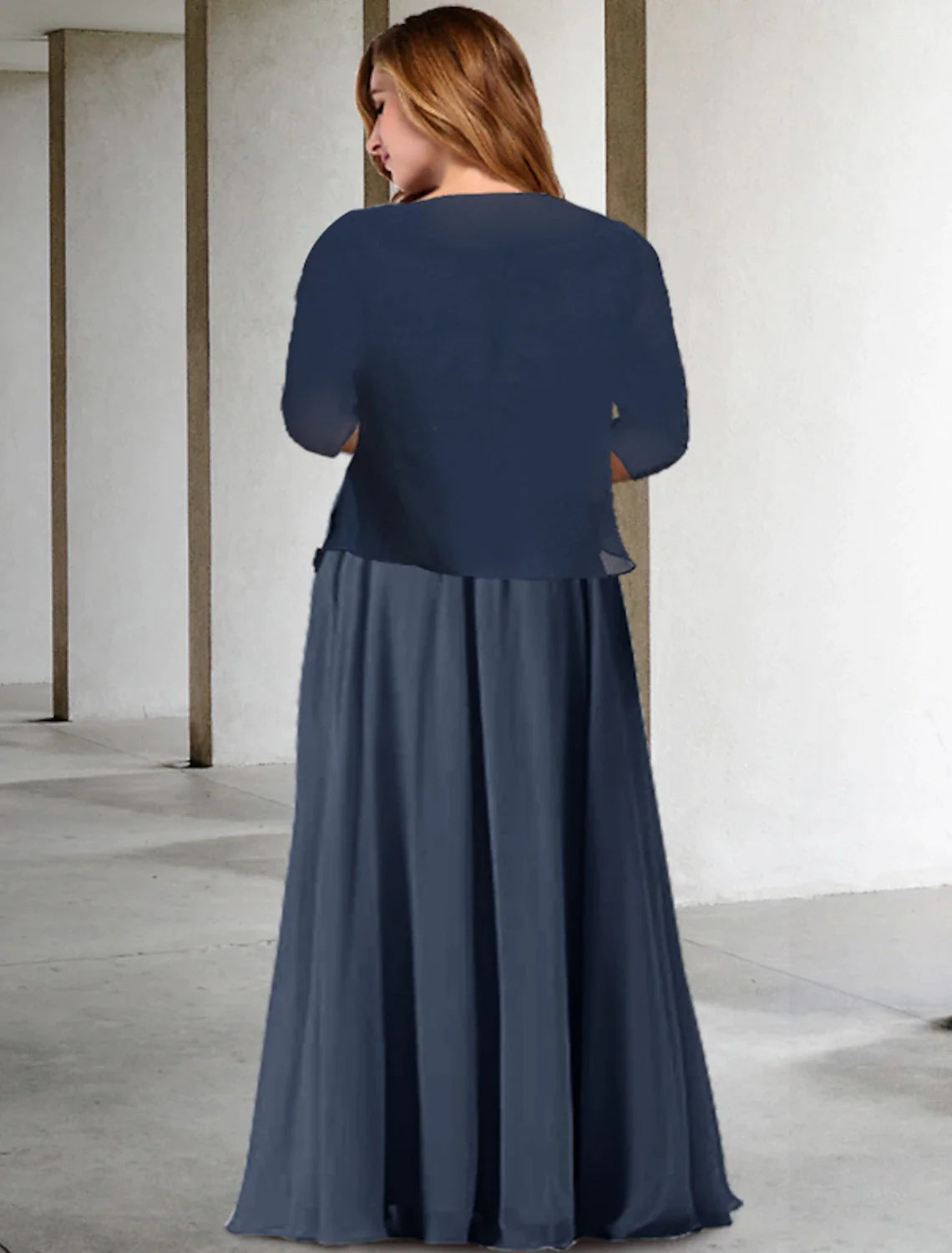 Vestido de dos piezas de corte A para madre de la novia, talla grande, con curvas ocultas en el vientre, elegante, formal, largo hasta el suelo, media manga, cuello en V, gasa con pliegues y apliques