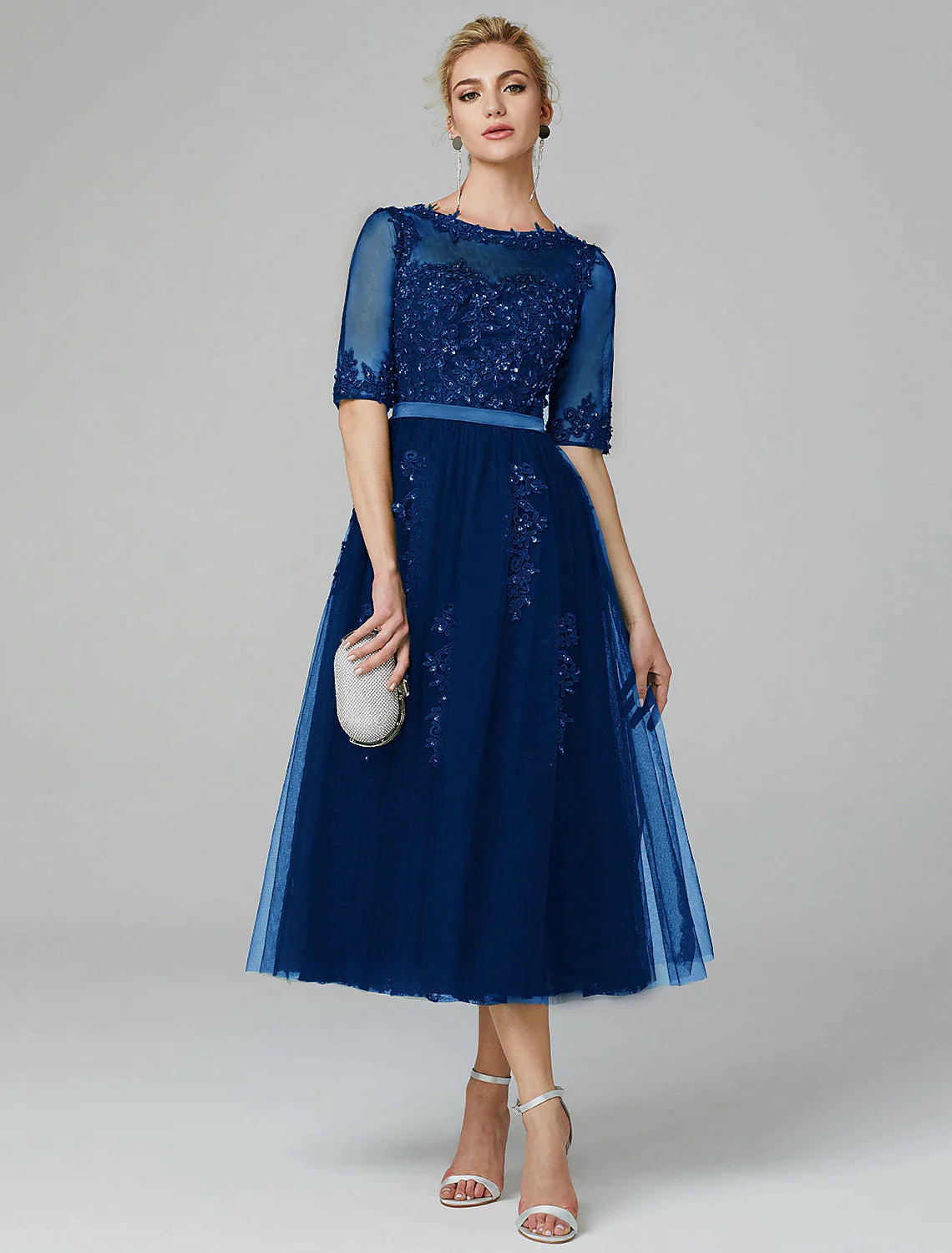Emerald Tulle A-Line Tea-Length Dress with Embroidered Illusion Bodice