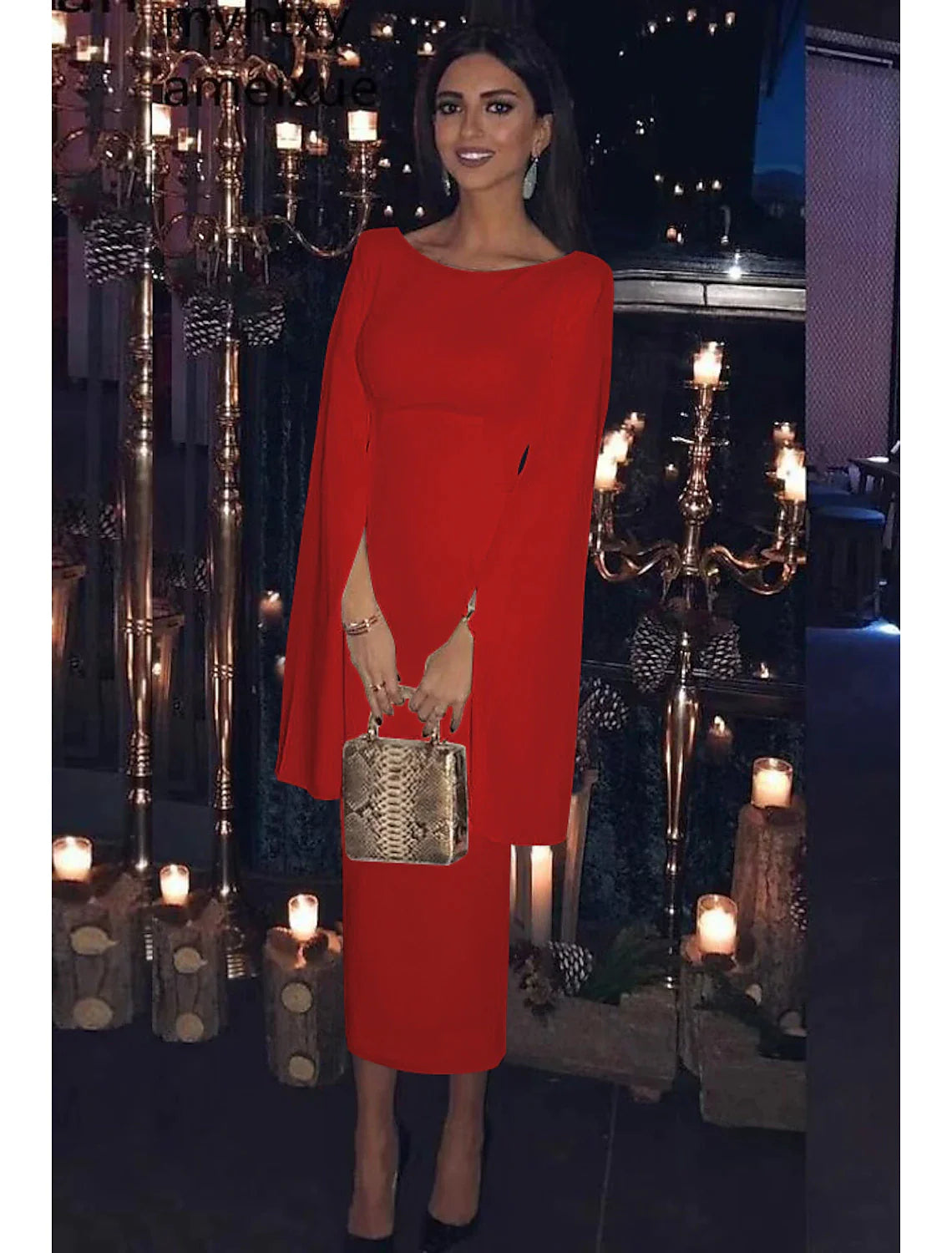 Vestido de cóctel con corte tubo/columna, para fiesta, para invitados de boda, para vacaciones, largo hasta la rodilla, manga larga, cuello joya, para invitados de boda de otoño, jersey sin espalda con elegante color puro.