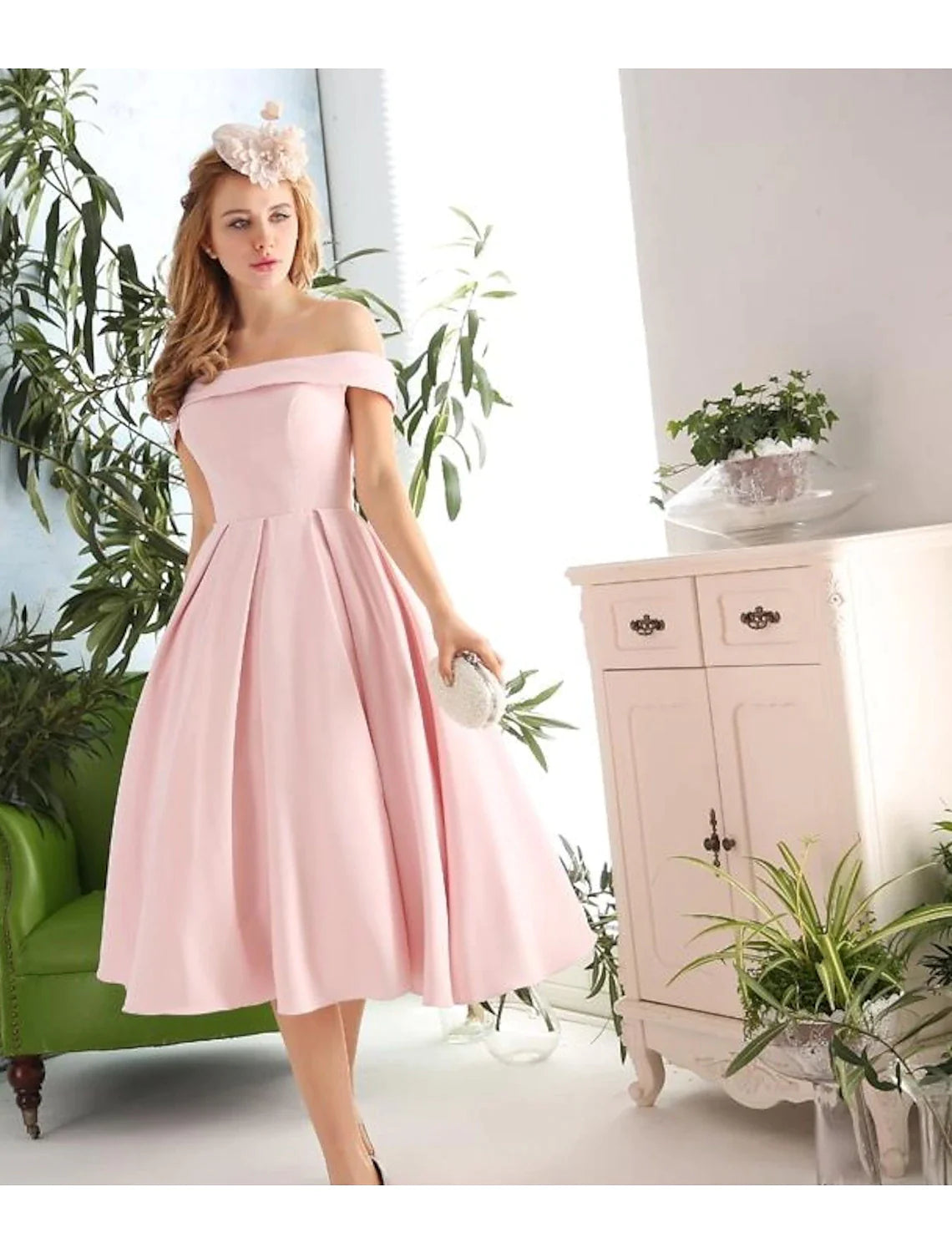 Blushing Pink Satin Off-the-Shoulder A-Line Tea-Length Bridesmaid Dress