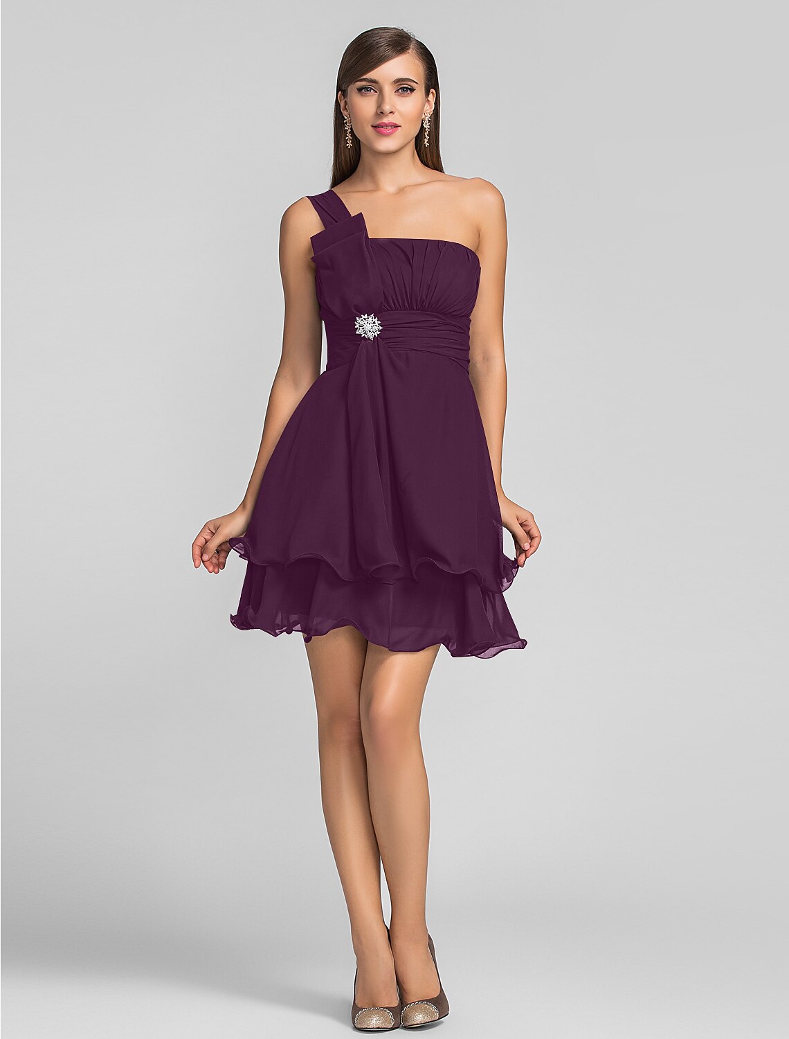 A-Line Cute One Shoulder Sleeveless Chiffon with Ruched Draping Crystal Brooch Short/Mini Homecoming Dress