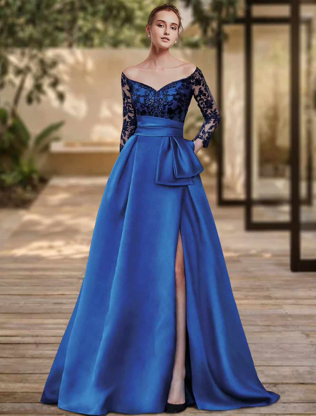 Royal Blue Off-the-Shoulder Lace A-Line Floor-Length Evening Dress