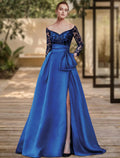 Royal Blue Off-the-Shoulder Lace A-Line Floor-Length Evening Dress