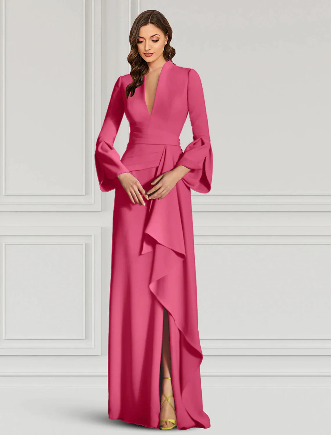 Vestido de noche elegante negro para cóctel, fiesta formal, largo hasta el suelo, manga larga, escote en V, para invitada de boda, otoño, tela con volantes