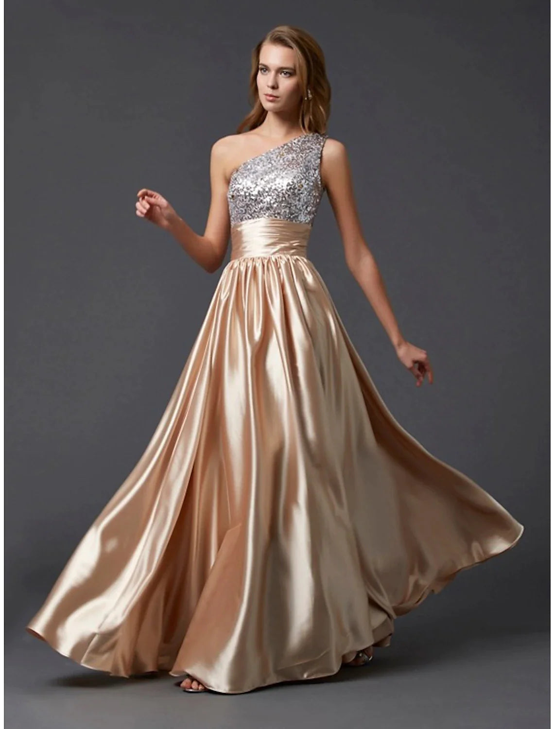 Champagne Satin One Shoulder A-Line Floor-Length Evening Dress with Sequin Bodice