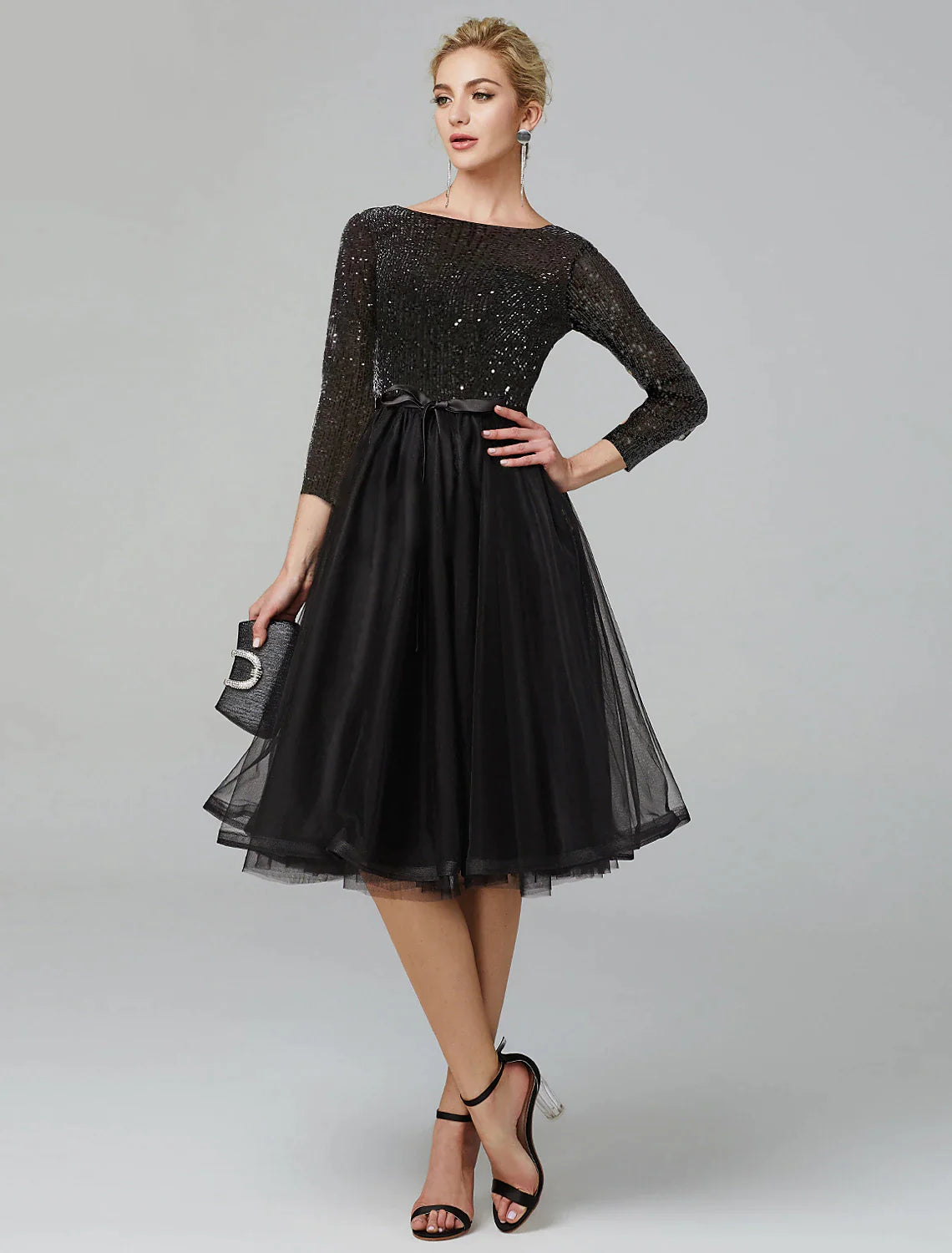 Black Sequin A-Line Tea-Length Evening Dress - Boat Neck, Tulle Skirt