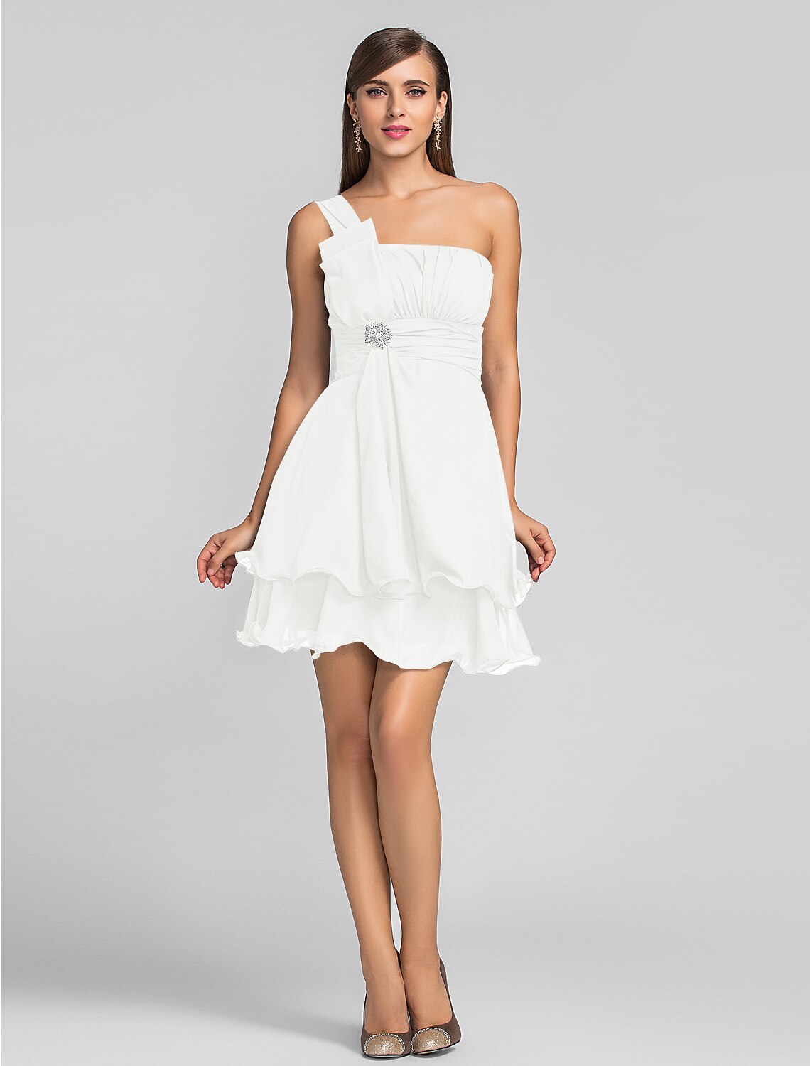 A-Line Cute One Shoulder Sleeveless Chiffon with Ruched Draping Crystal Brooch Short/Mini Homecoming Dress