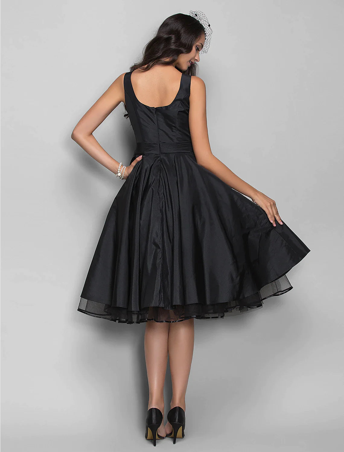 Black Satin A-Line Cowl Neck Knee-Length Dress with Full Skirt