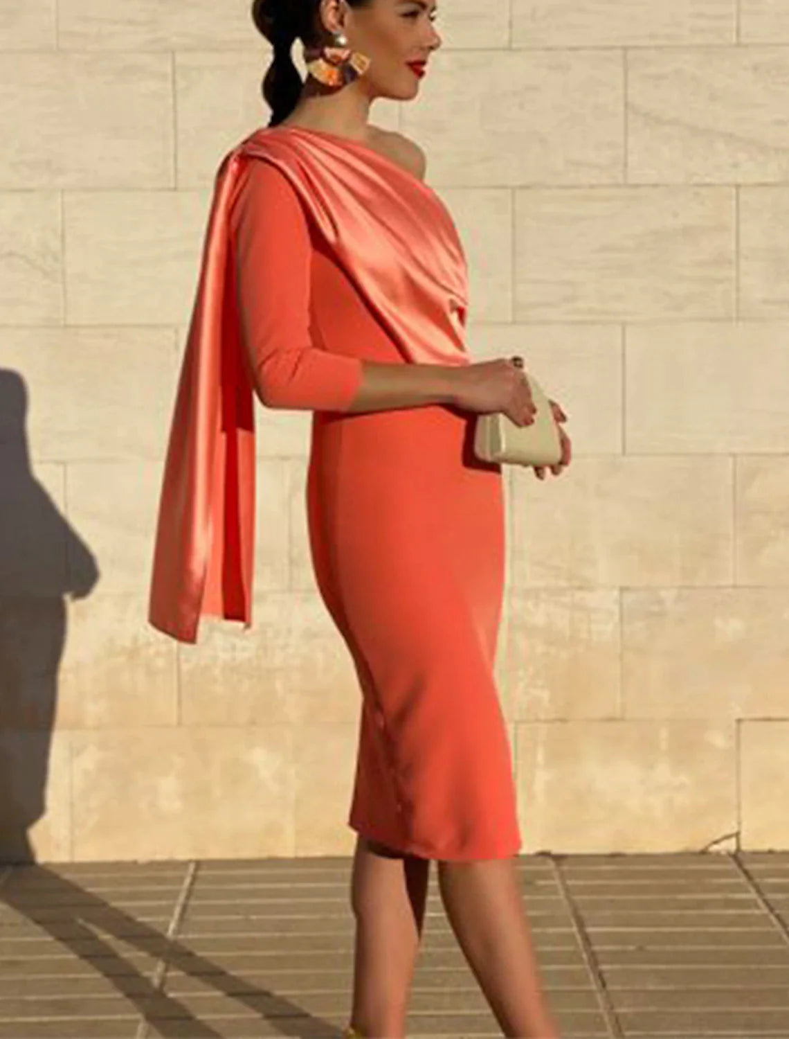 Sheath / Column Cocktail Dresses Vintage Dress Fall Wedding Guest Dress Knee Length 3/4 Length Sleeve One Shoulder  Fabric with Draping