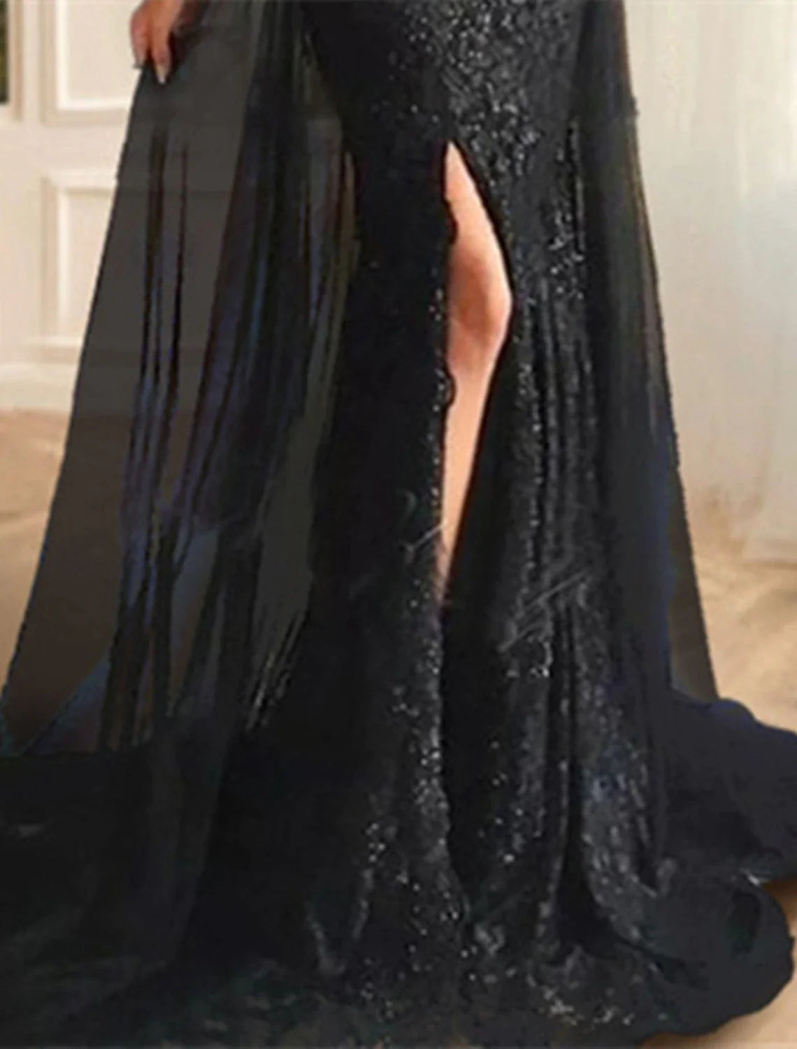 Abito da sera a sirena/tromba, abito floreale, formale, da sposa, con strascico a spazzola, manica lunga, spalle scoperte, ricevimento di nozze autunnale, in chiffon con applicazioni di spacchi
