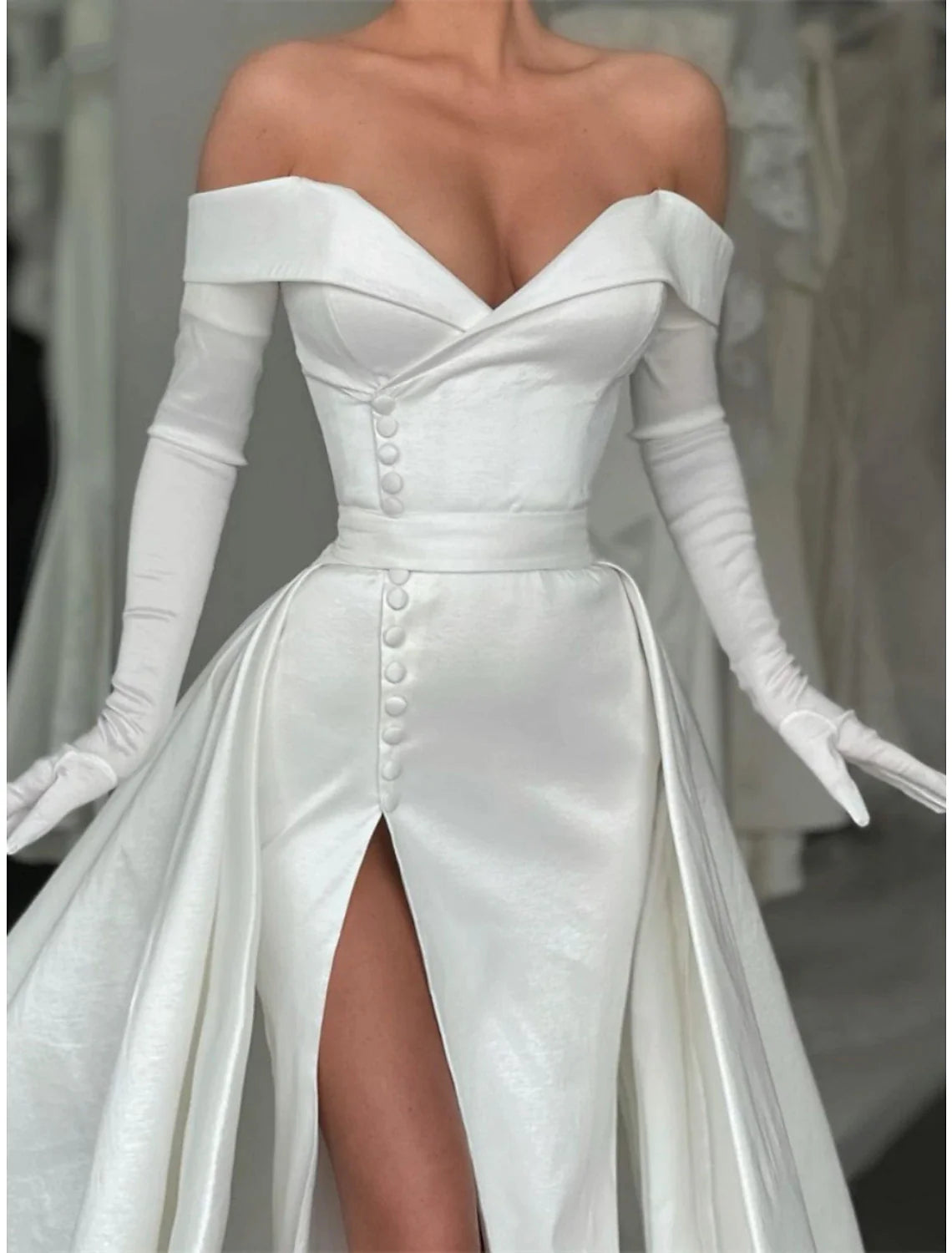 Black Satin Off-the-Shoulder Gown with High Slit & Dramatic Overskirt