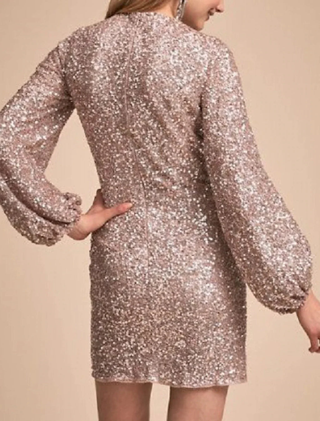 Rose Gold Sequin Short Dress with Puff Sleeves for Prom & Cocktail Parties