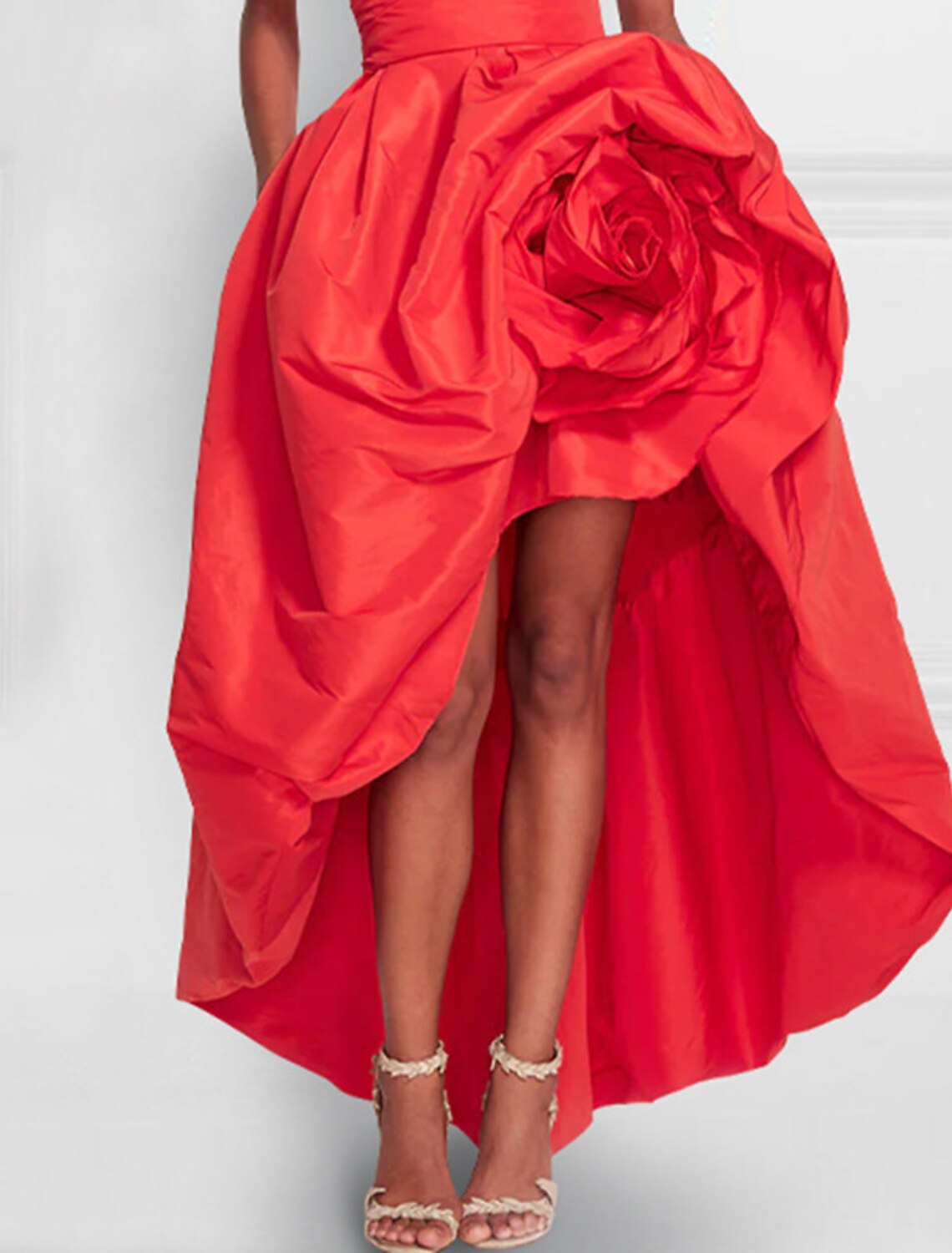Red Taffeta A-Line High-Low Evening Dress with 3D Floral Embellishments