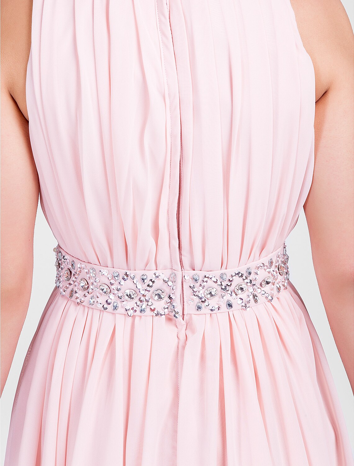 Vestido de fiesta, bonito vestido de fiesta de cóctel, de boda, con cuello joya, sin mangas, largo hasta la rodilla, de gasa con drapeado de cuentas.