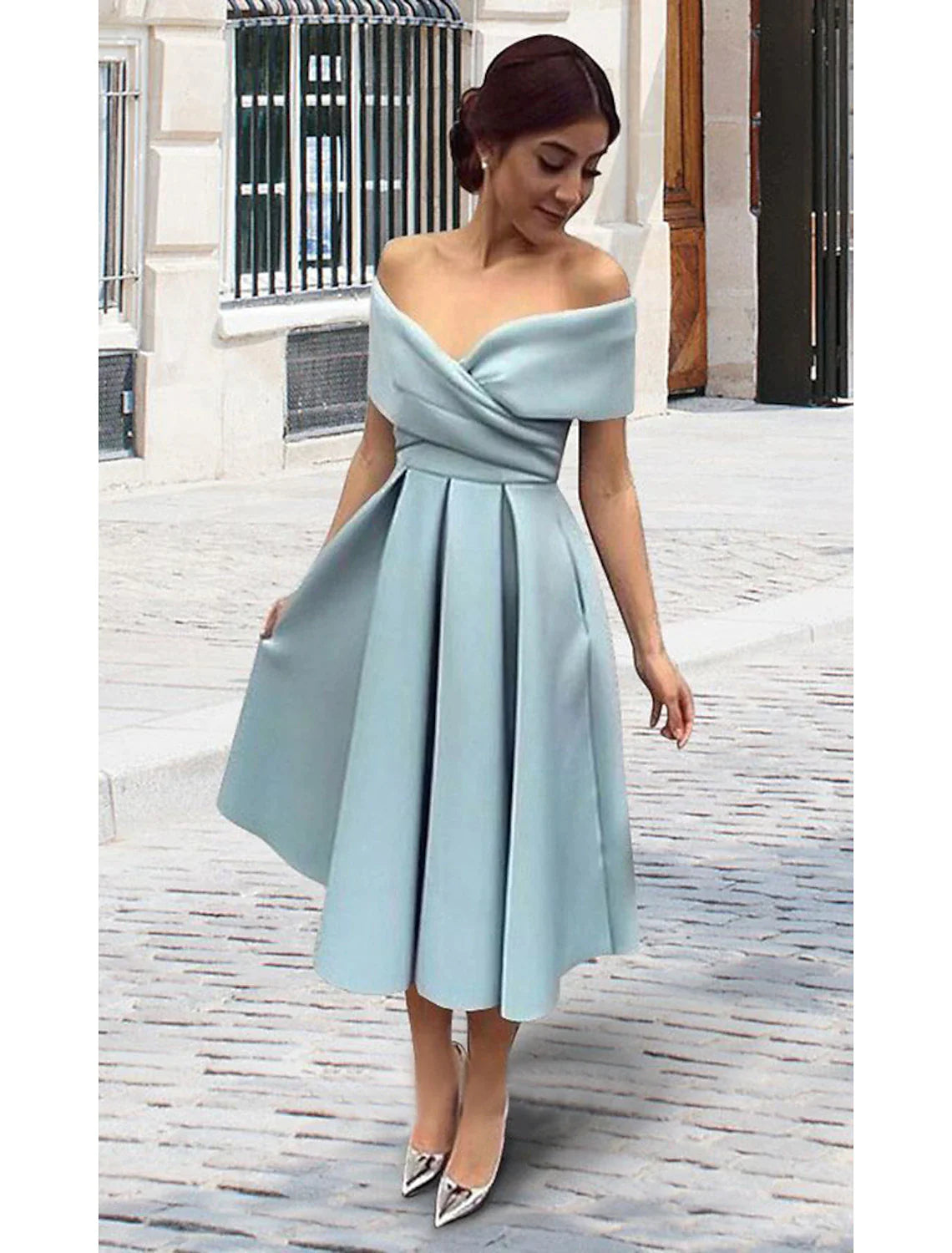 Sky Blue Satin A-Line Off-the-Shoulder Tea-Length Bridesmaid & Wedding Guest Dress
