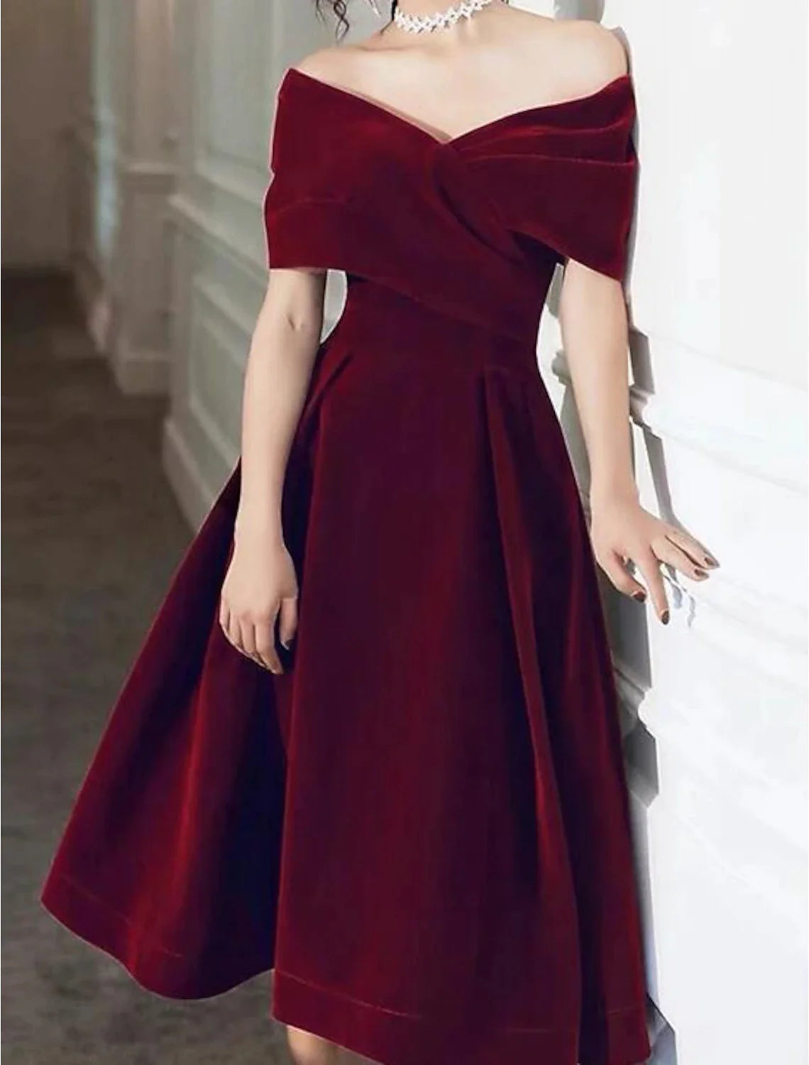 Burgundy Velvet Off-the-Shoulder A-Line Tea-Length Evening Dress