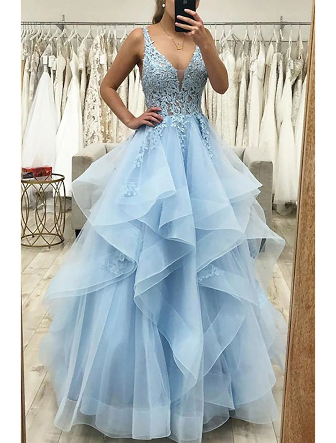 Vestido de fiesta de corte A, vestido de princesa, vestido formal para invitada de boda, largo hasta el suelo, sin mangas, cuello en V, tul, espalda descubierta, con pliegues y apliques fruncidos.