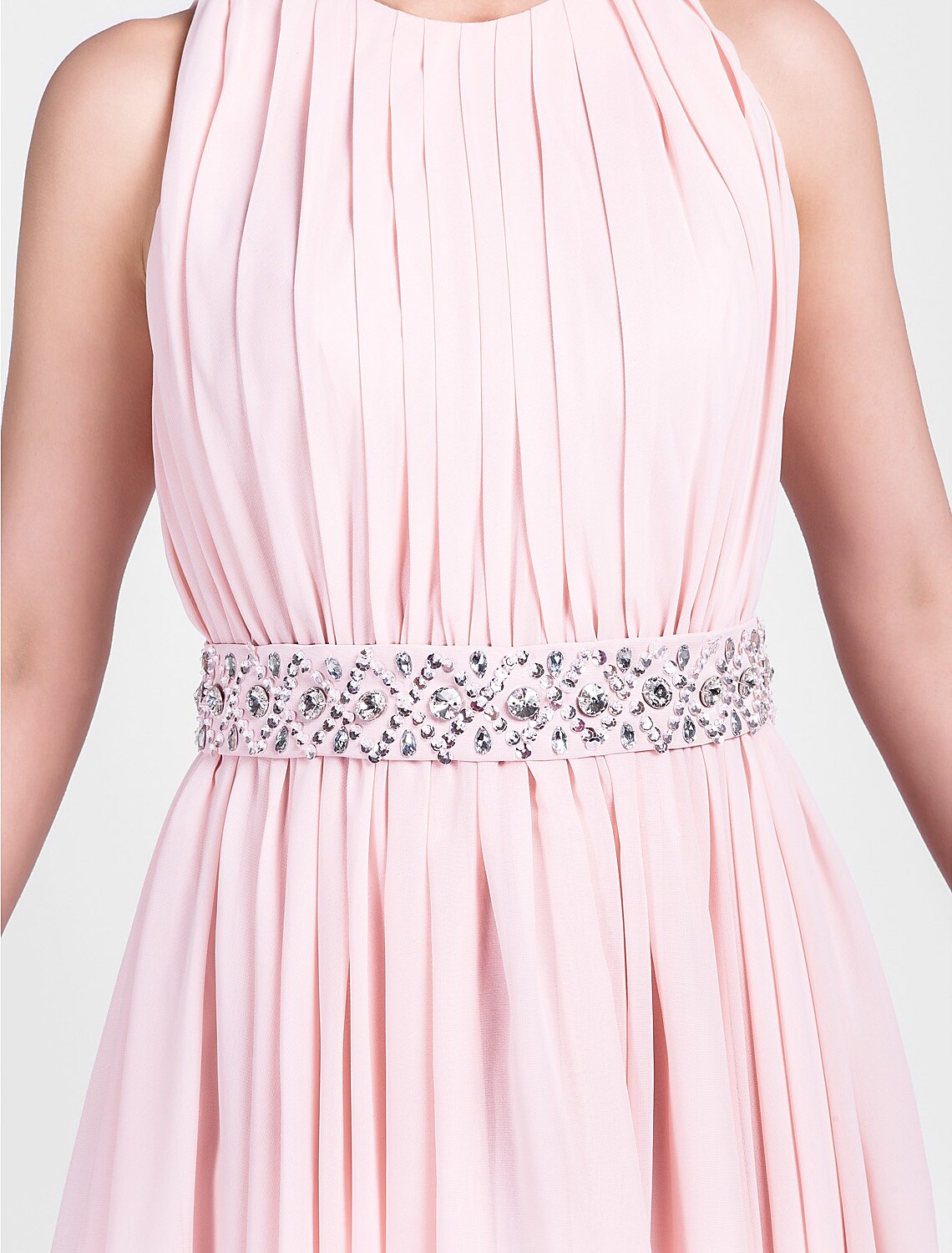 Vestido de fiesta, bonito vestido de fiesta de cóctel, de boda, con cuello joya, sin mangas, largo hasta la rodilla, de gasa con drapeado de cuentas.