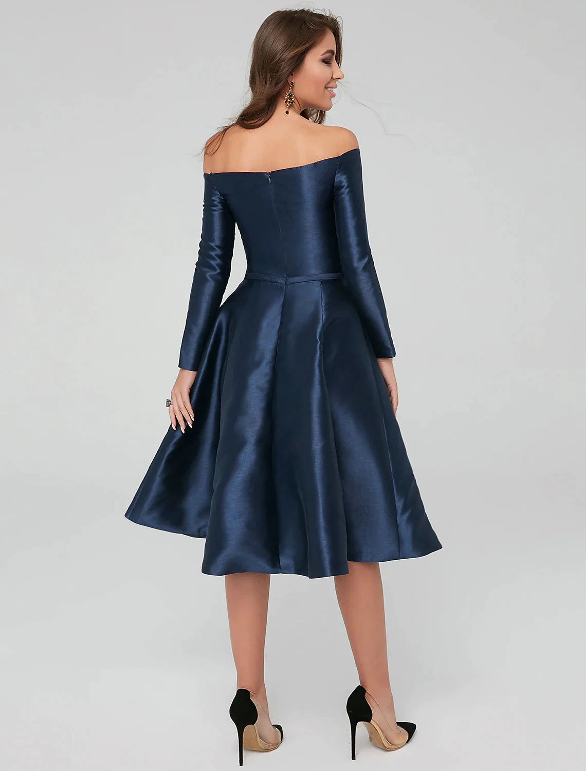 Vestidos de fiesta para ocasiones especiales, corte A, para invitados de boda, cóctel, largo hasta la rodilla, manga larga, hombros descubiertos, satén con pliegues