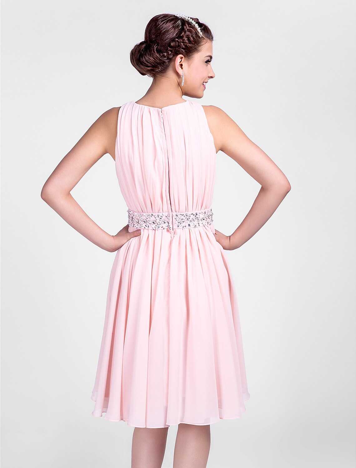 Vestido de fiesta, bonito vestido de fiesta de cóctel, de boda, con cuello joya, sin mangas, largo hasta la rodilla, de gasa con drapeado de cuentas.