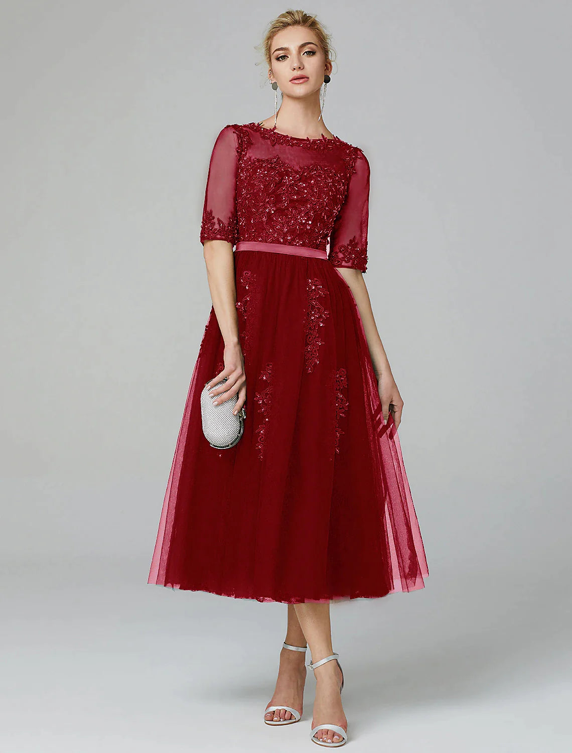 Abito da cocktail a trapezio, abito natalizio rosso verde, abito da sera formale, Kentucky Derby, lunghezza tè, senza maniche, scollo a V, abito da sposa autunnale, in pizzo su tulle con applicazioni di paillettes