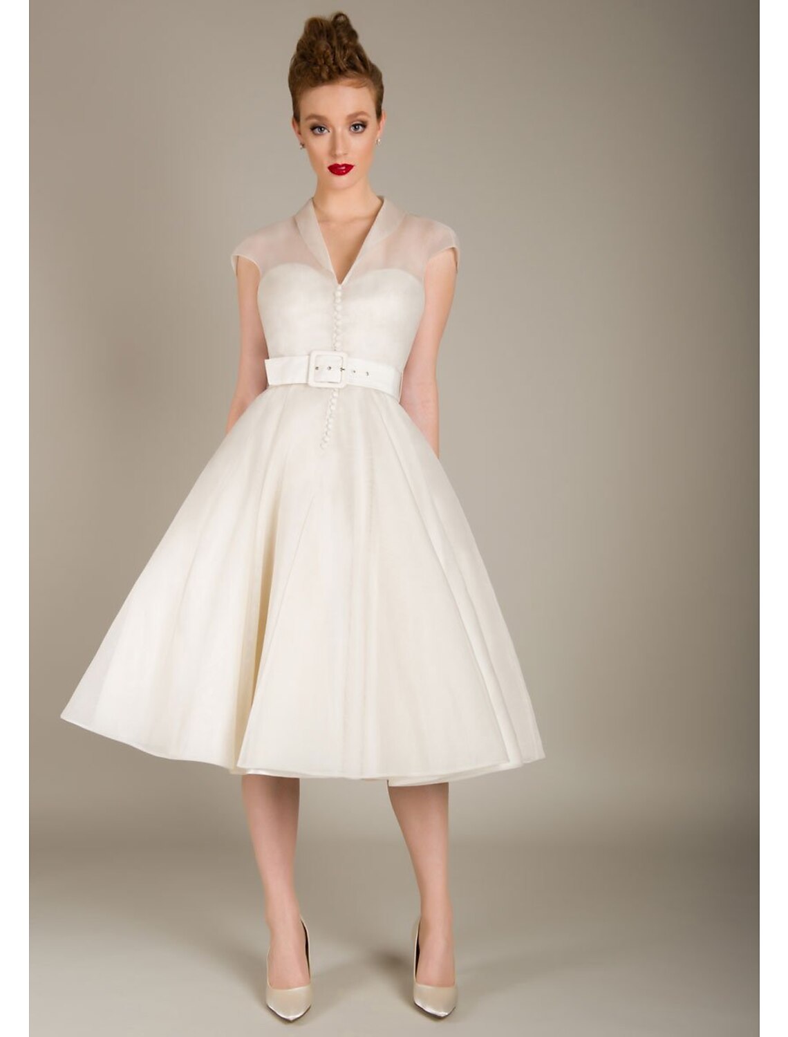 Ivory Chiffon A-Line Knee-Length V-Neck Dress | Bridesmaid, Cocktail & Wedding Guest