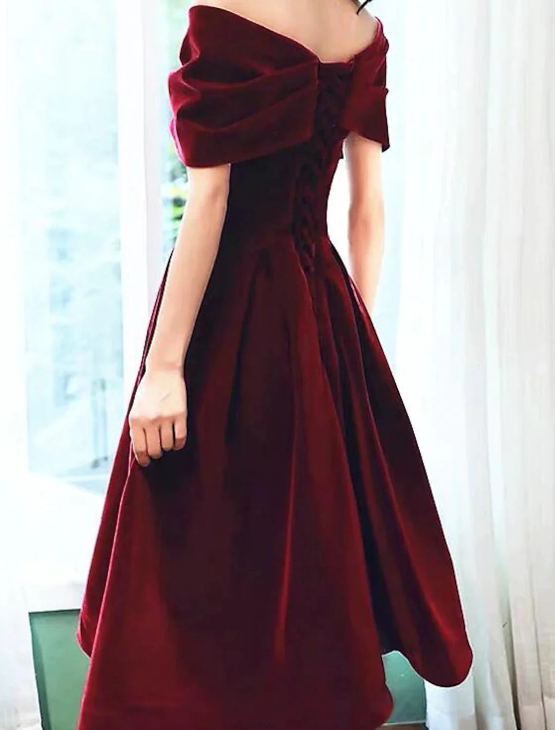 Burgundy Velvet Off-the-Shoulder A-Line Tea-Length Evening Dress