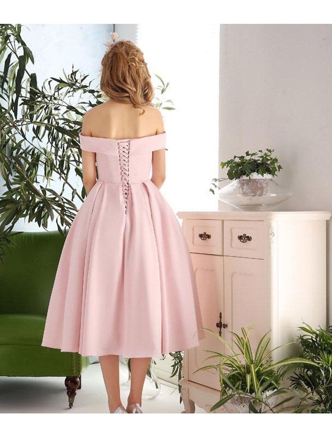 A-Line Cocktail Dresses Vintage Dress Engagement Cocktail Party Tea Length Sleeveless Off Shoulder  Fabric with Pleats