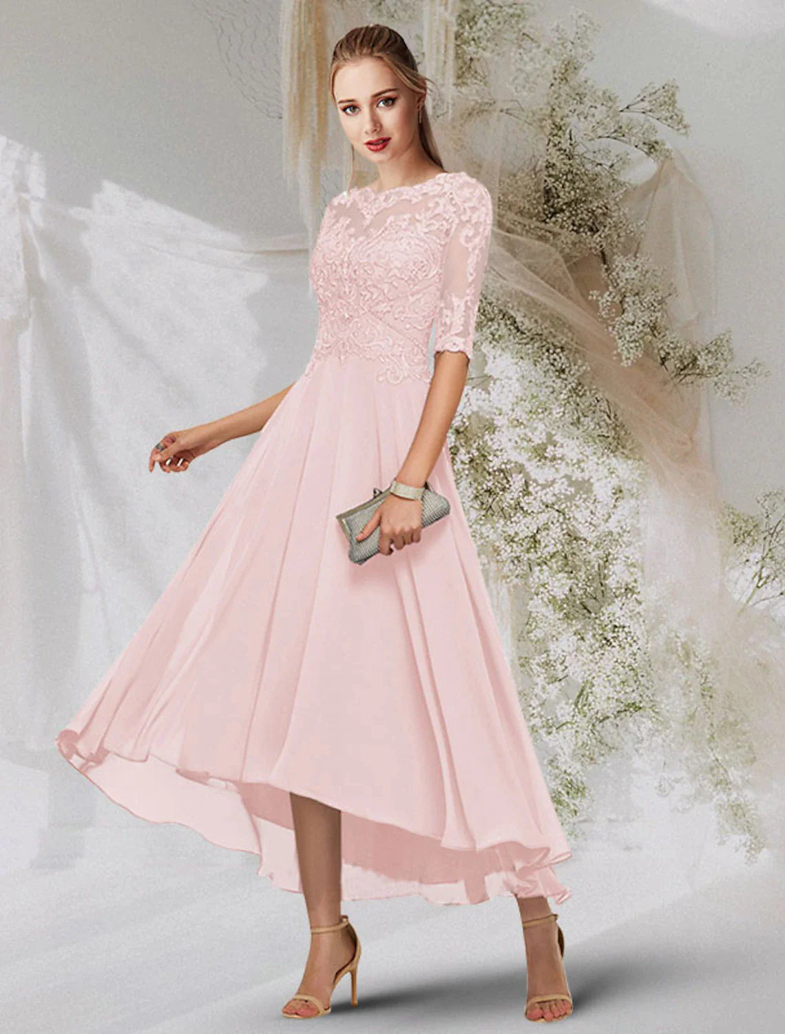 Abito da sera a trapezio, stile impero, per invitati a nozze, da sera formale, asimmetrico, a maniche lunghe, con scollo gioiello, in chiffon con inserti in pizzo e perline