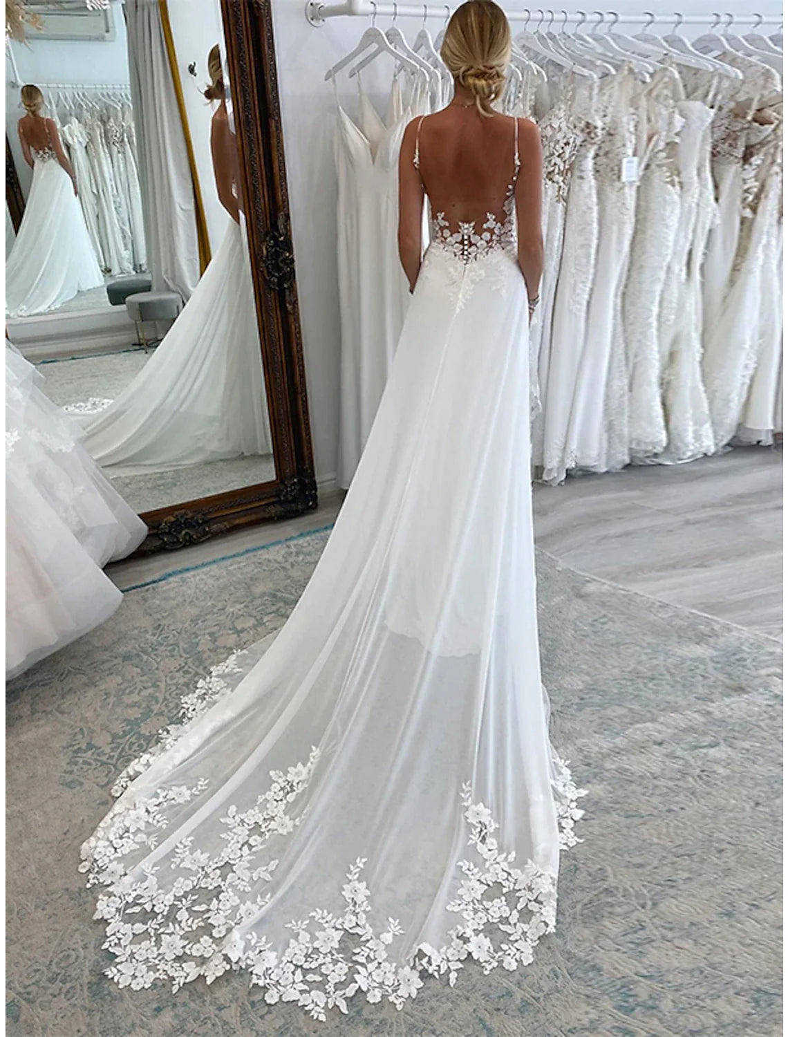 Abiti da sposa formali da ricevimento, a trapezio, senza maniche, con strascico, in chiffon, abiti da sposa con applicazioni