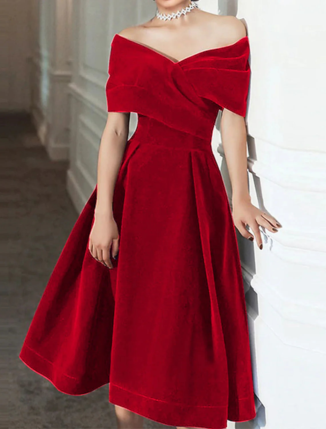 Burgundy Velvet Off-the-Shoulder A-Line Tea-Length Evening Dress