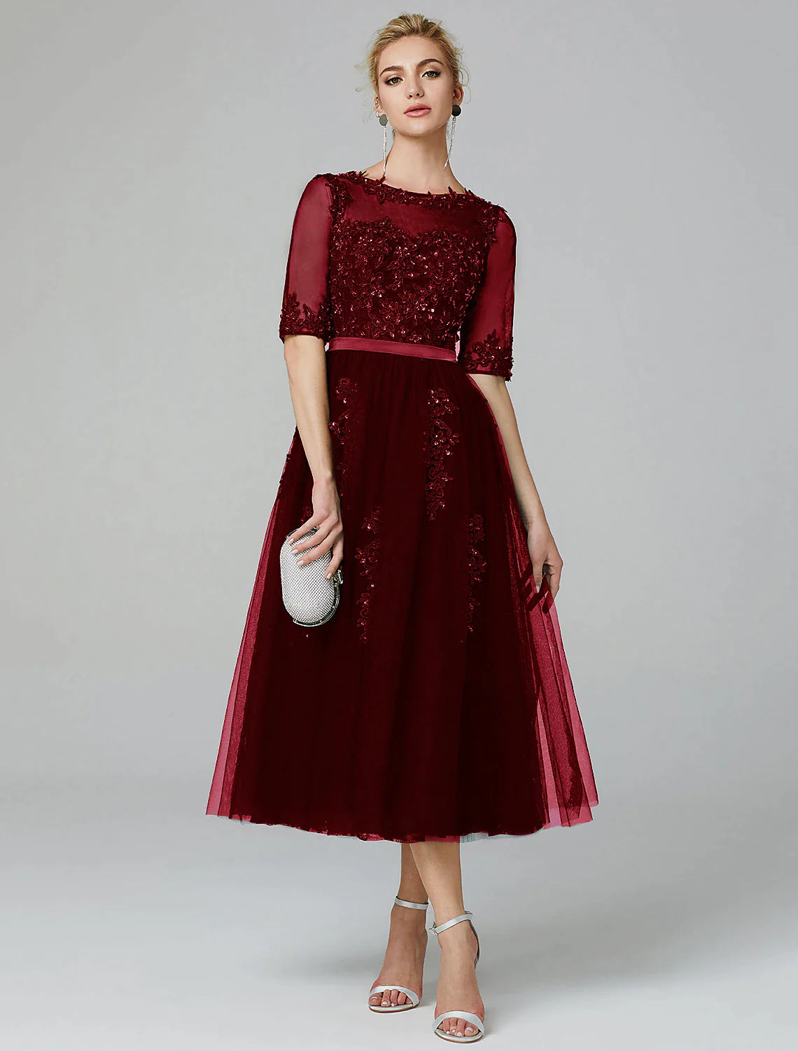 Abito da cocktail a trapezio, abito natalizio rosso verde, abito da sera formale, Kentucky Derby, lunghezza tè, senza maniche, scollo a V, abito da sposa autunnale, in pizzo su tulle con applicazioni di paillettes