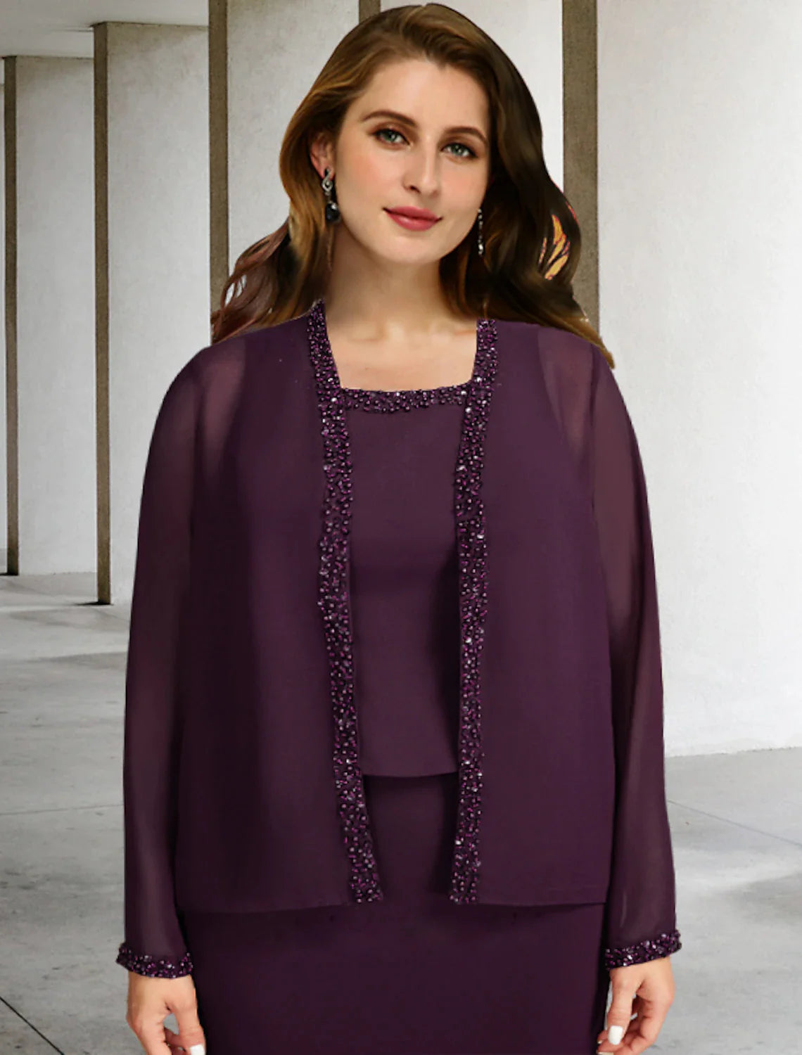 Vestido de dos piezas de corte A para madre de la novia, talla grande, con curvas ocultas en el vientre, elegante, formal, largo hasta los tobillos, sin mangas, cuello cuadrado, de gasa con volantes y cuentas.