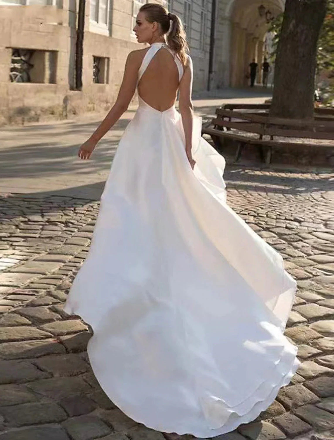 Reception Open Back Casual Wedding Dresses A-Line Halter Sleeveless Court Train Satin Bridal Gowns With Solid Color Summer Fall Wedding Party 2025, Women's Clothing
