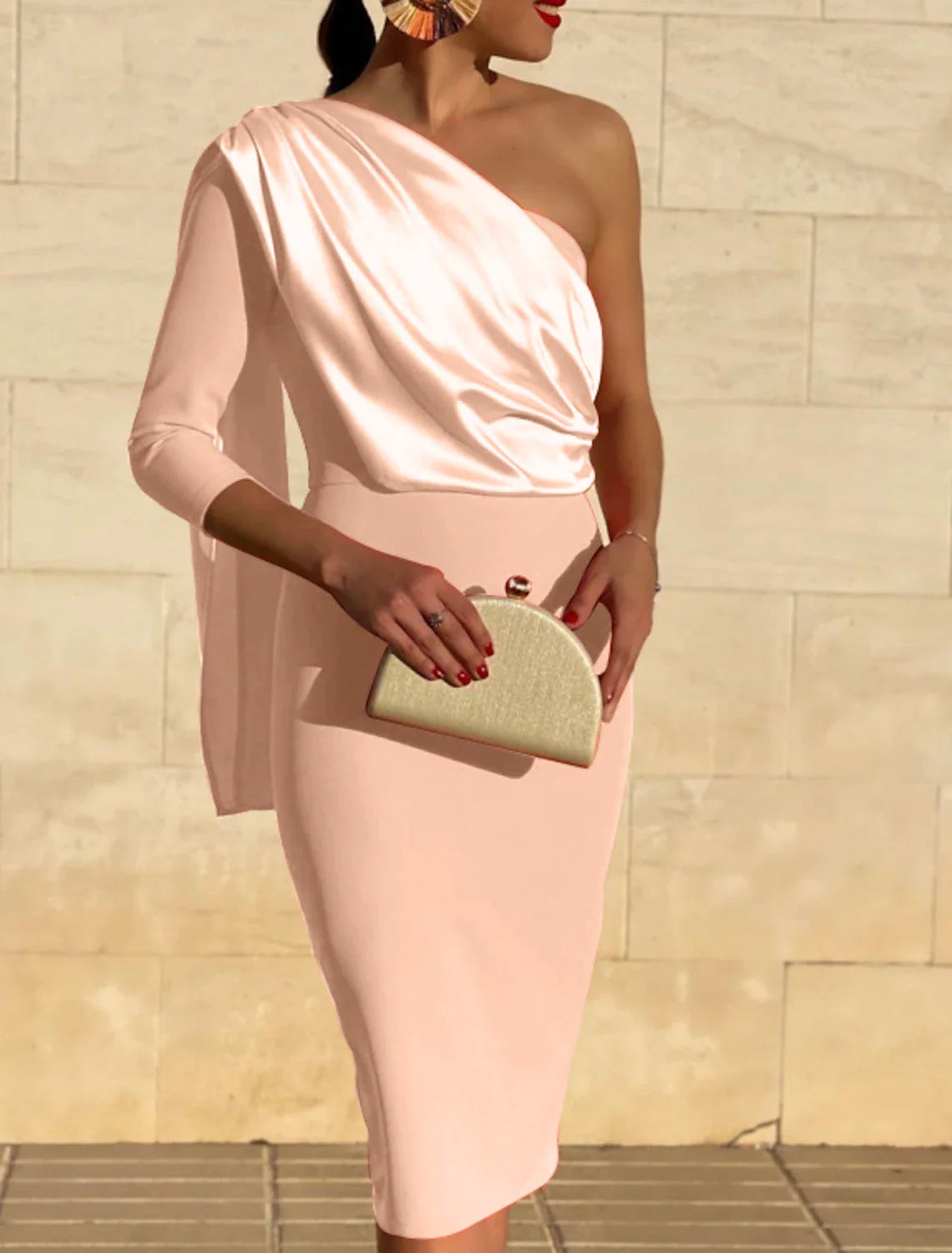 Sheath / Column Cocktail Dresses Vintage Dress Fall Wedding Guest Dress Knee Length 3/4 Length Sleeve One Shoulder  Fabric with Draping