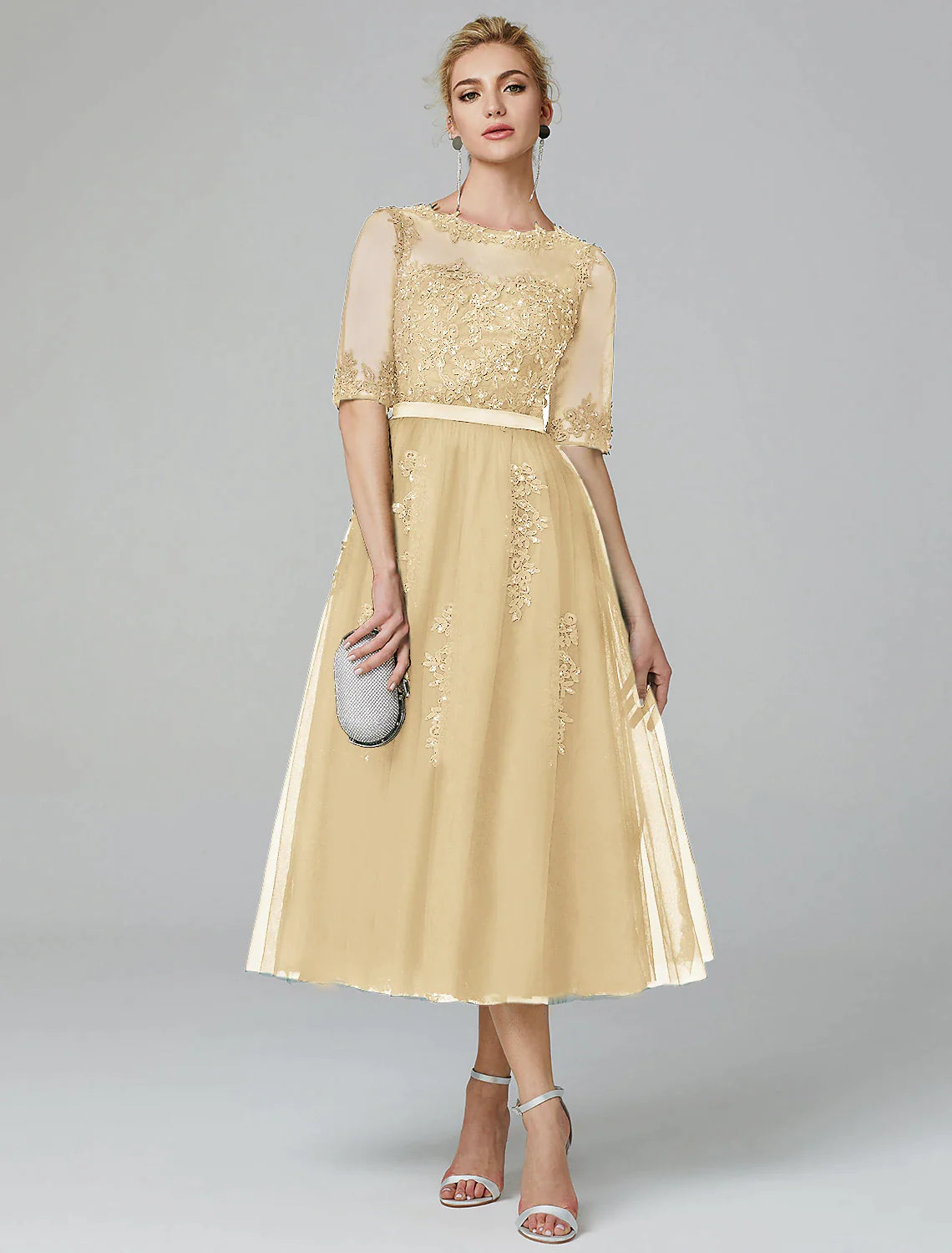 Emerald Tulle A-Line Tea-Length Dress with Embroidered Illusion Bodice