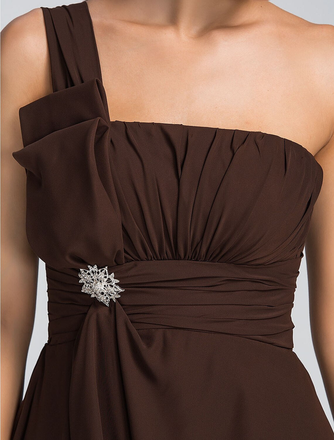 A-Line Cute One Shoulder Sleeveless Chiffon with Ruched Draping Crystal Brooch Short/Mini Homecoming Dress