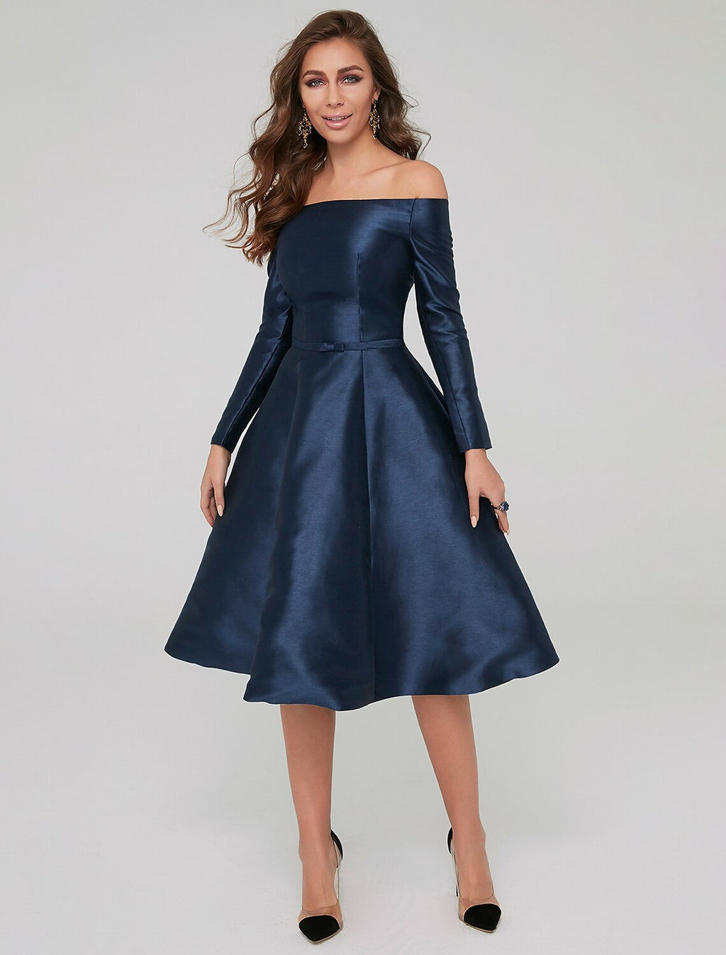 Vestidos de fiesta para ocasiones especiales, corte A, para invitados de boda, cóctel, largo hasta la rodilla, manga larga, hombros descubiertos, satén con pliegues