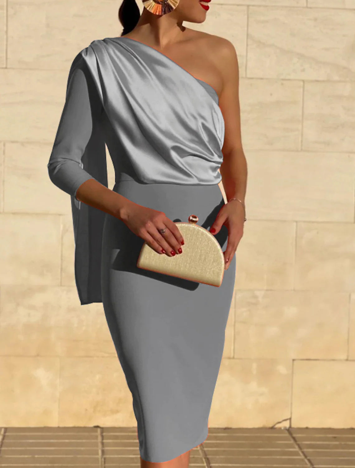 Sheath / Column Cocktail Dresses Vintage Dress Fall Wedding Guest Dress Knee Length 3/4 Length Sleeve One Shoulder  Fabric with Draping